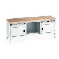 Arbetsbänk i bokträ Cubio – 2 dörrar – 2 lådor – L2000mm – Bott