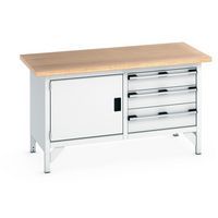 Arbetsbänk i bokträ Cubio – 1 dörr – 3 lådor – L1500mm – Bott