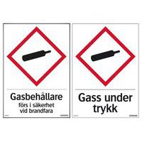 Varningsskylt: Gasbehållare förs i säkerhet vid brandfara, färgefterlysande