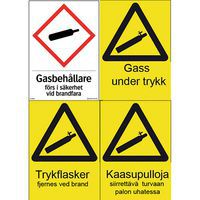 Varningsskylt: Gasbehållare förs i säkerhet vid brandfara, färgefterlysande