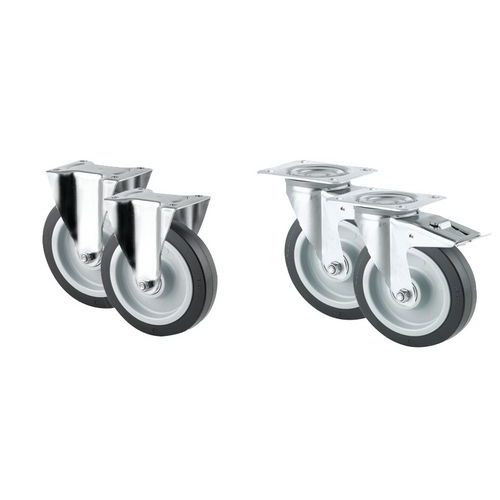 Set med 4 hjul – 2 fasta och 2 svängbara med bromsar – kapacitet 275 kg