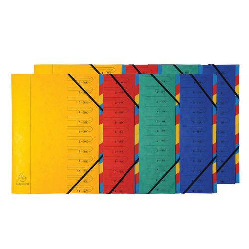 Häftad dokumentorganiserare med elastiska remmar, 12 sektioner – blandade färger – förpackning med 8 st