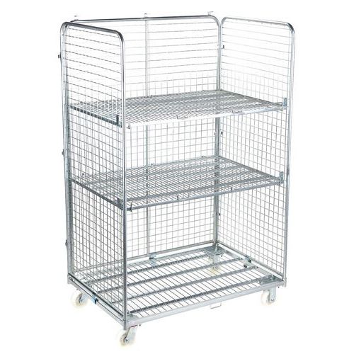 Stor tresidig rullcontainer - 2 hyllor - kapacitet 600 kg - Manutan
