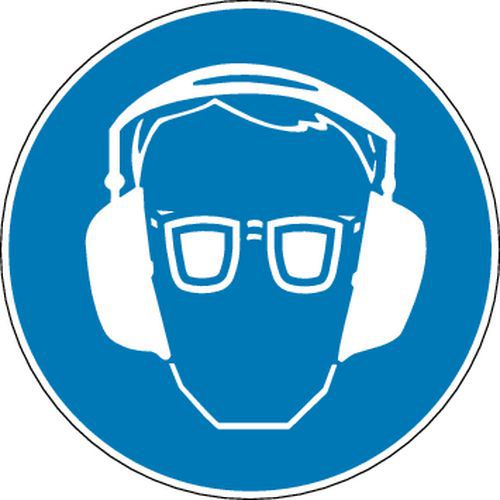 Påbudsskylt – hörsel- och ögonskydd måste bäras – självhäftande