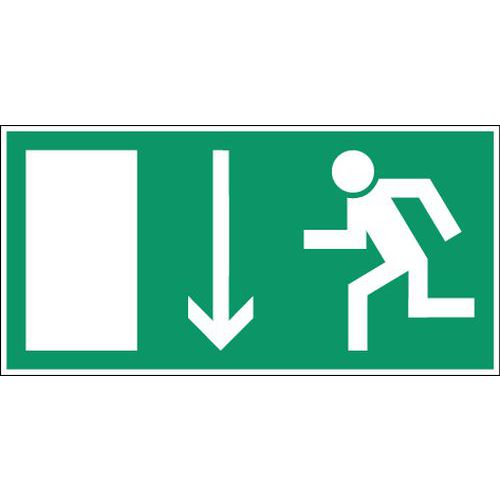 Nödutrymningsskylt – ”Nooduitgang linksbeneden” (nödutgång nedåt och till vänster på nederländska) – styv