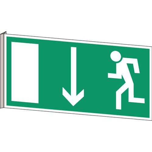 Nödutrymningsskylt – ”Nooduitgang linksbeneden” (nödutgång nedåt och till vänster på nederländska) – självhäft