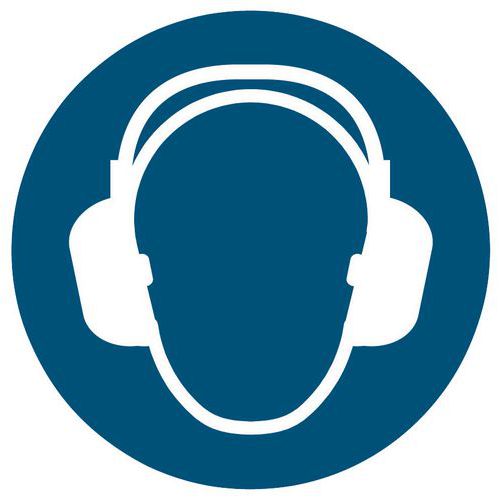 Påbudsskylt – ”använd hörselskydd” – styv