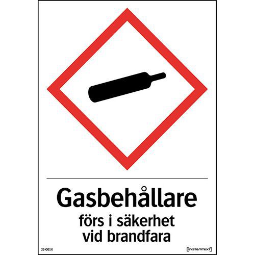 Varningsskylt Gasbehållare förs i säkerhet vid brand, färg - Systemtext