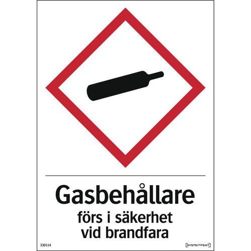 Varningsskylt med SE text - Gasbehållare förs i säkerhet vid brandfara
