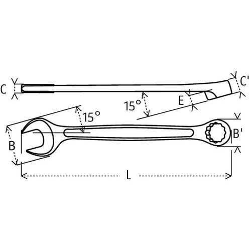 B / B' : tête ØC : fourche épaisseurC' : tête hauteurE : inclinaisonL : longueur