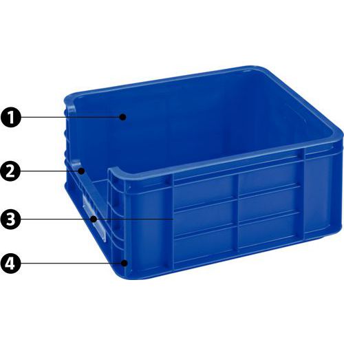 1 - parois intérieures lisses2 - grande ouverture frontale3 - porte étiquette4 - nervures de renfort